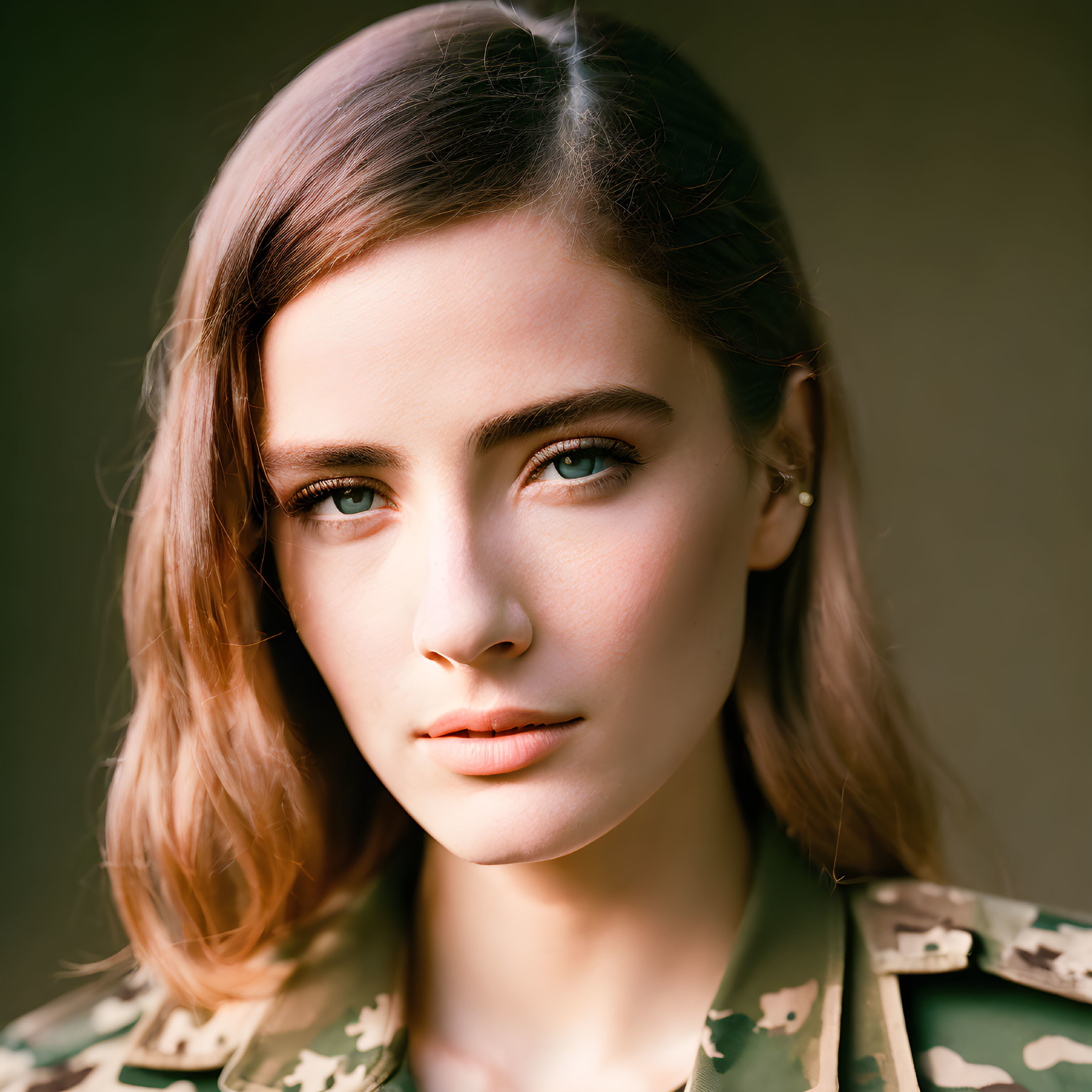 Portrait of Woman with Brown Hair and Green Eyes in Camo Jacket