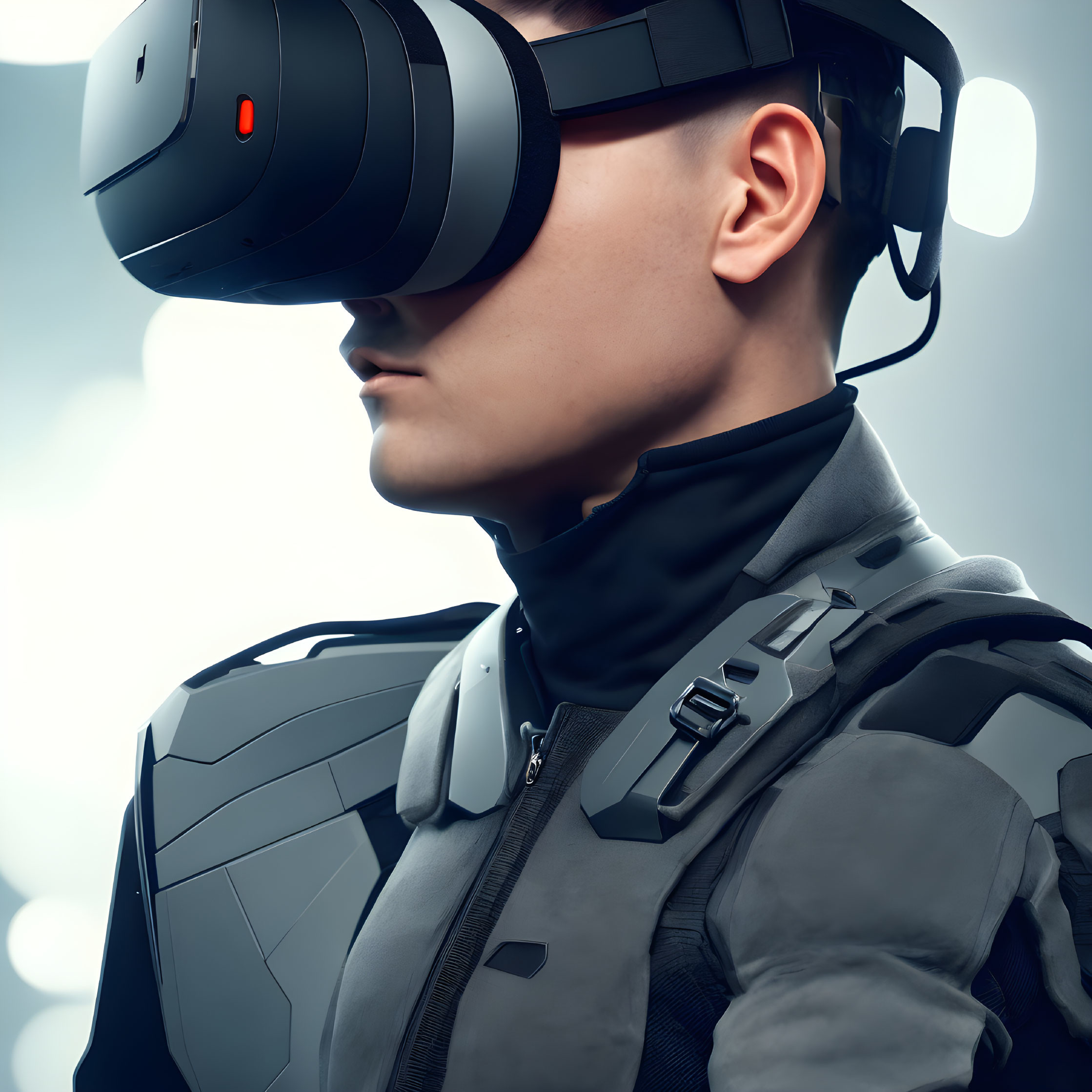 Futuristic VR headset and body armor on person against blue background