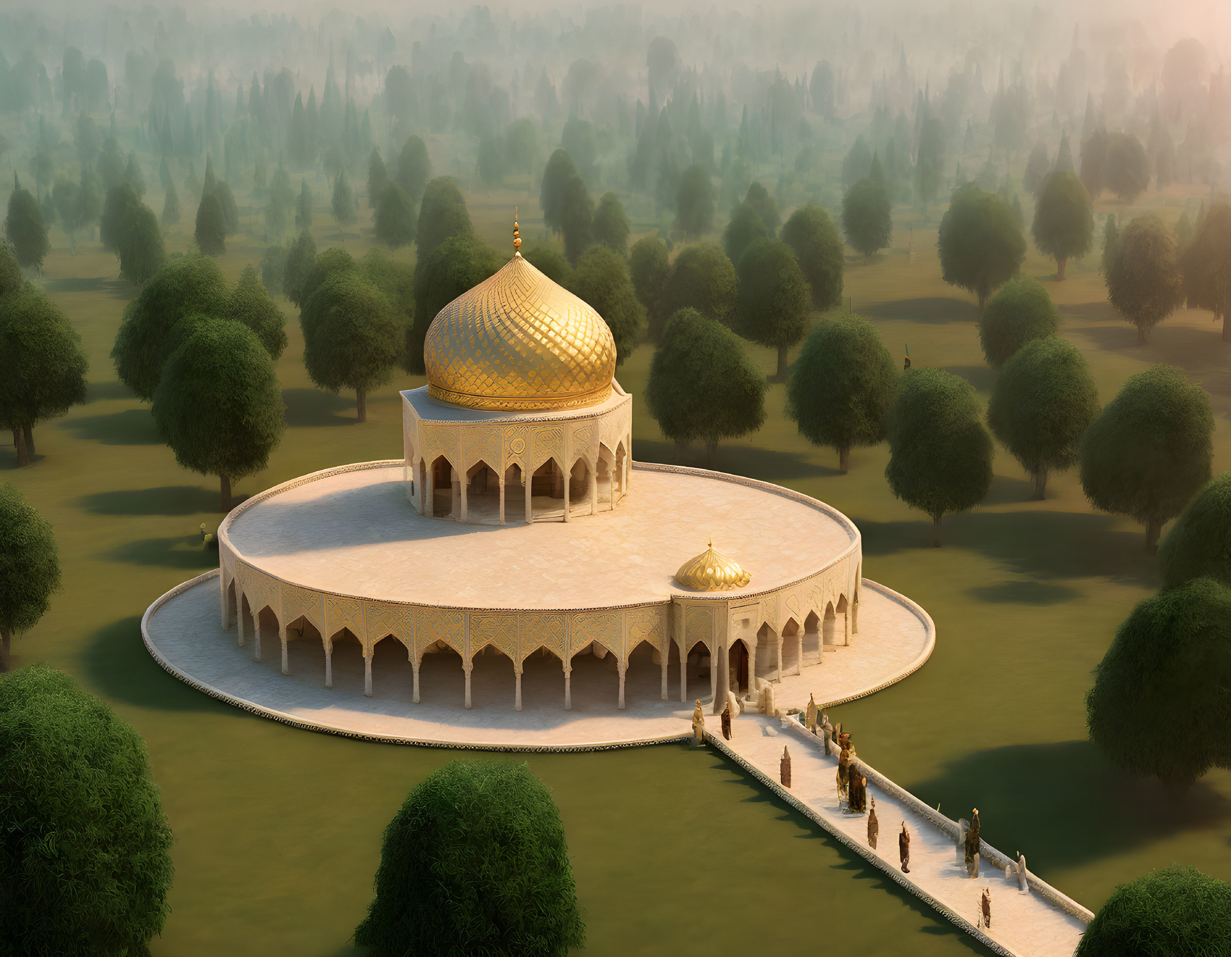 Golden-domed mausoleum in serene landscape with pathway at dusk