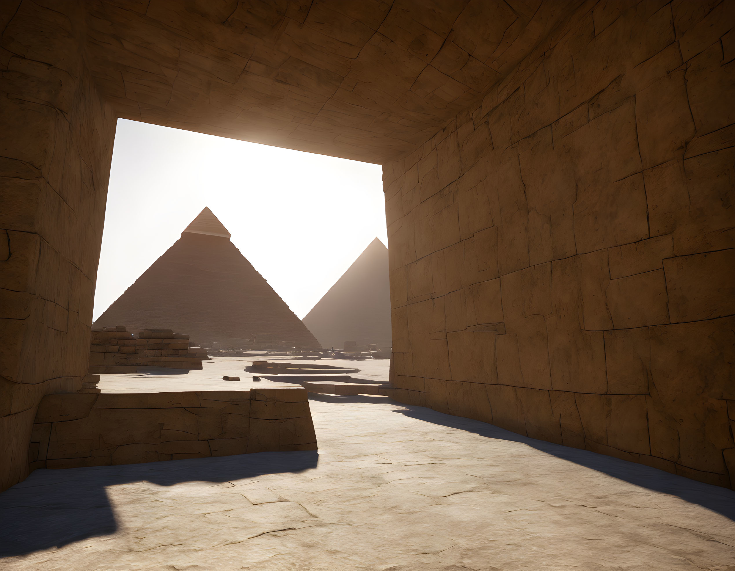 Egyptian Pyramids Silhouetted in Sunlight from Ancient Stone Structure