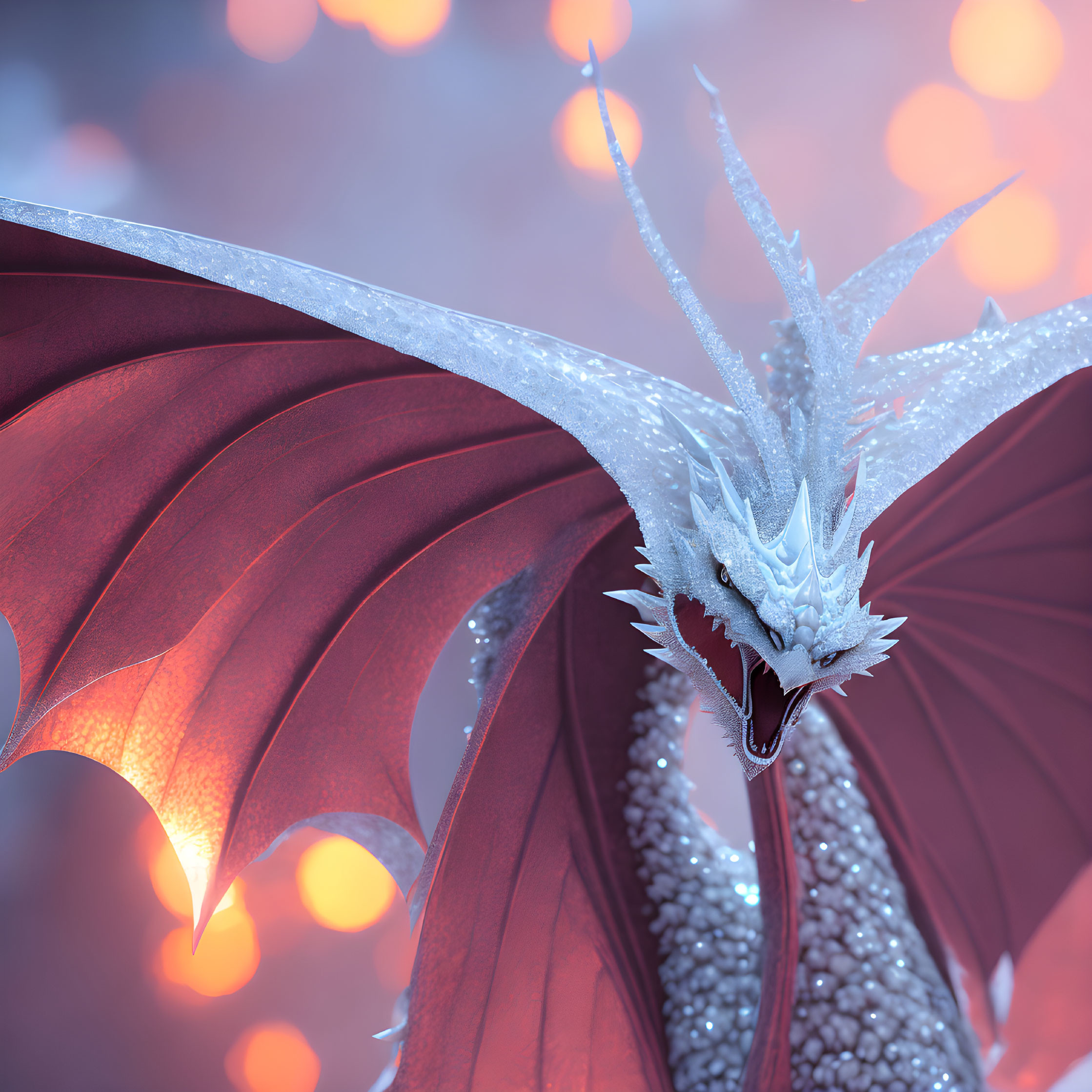 Majestic white dragon with red wings in orange light