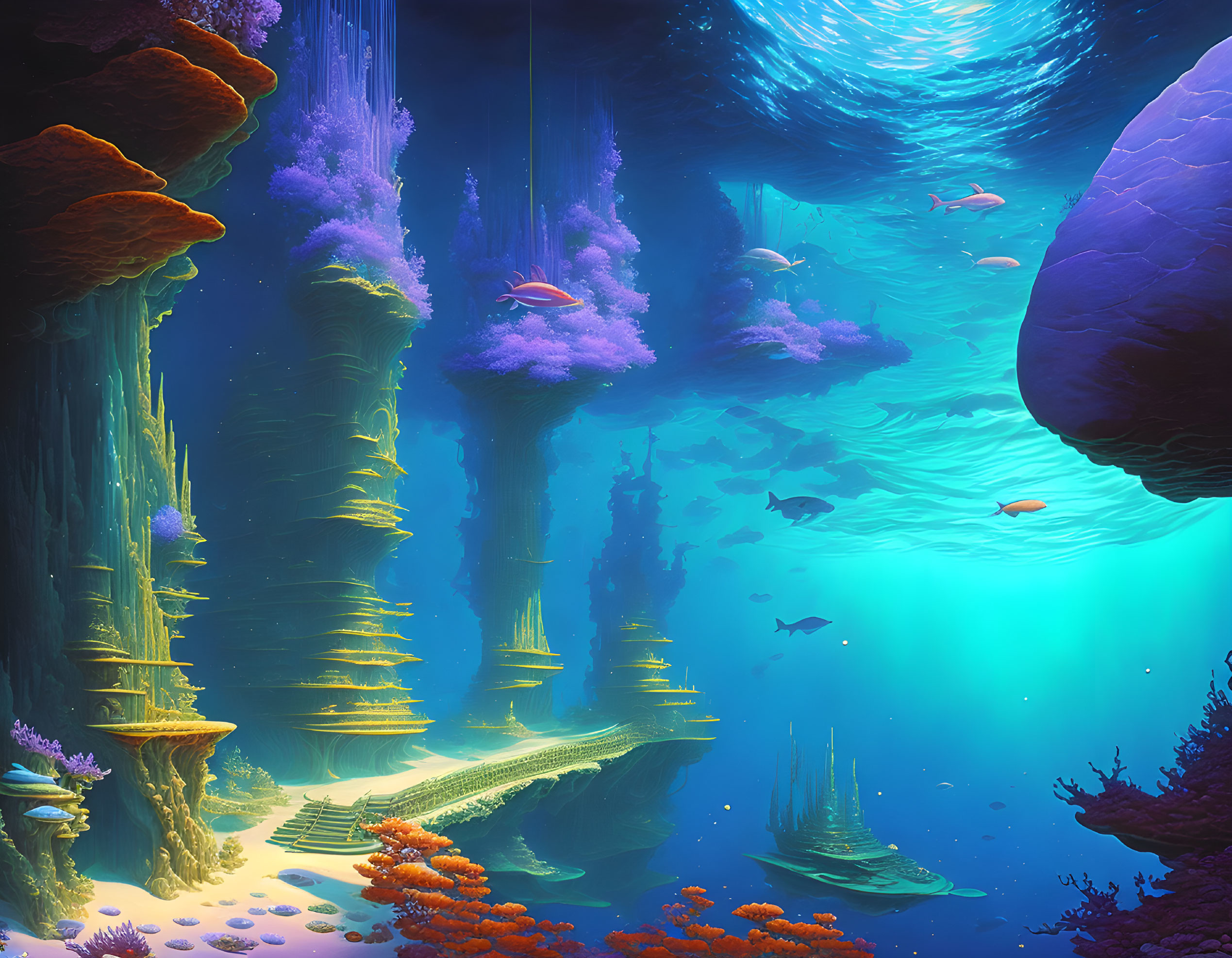 Vibrant coral structures and fish in underwater ruins with ancient pillars.