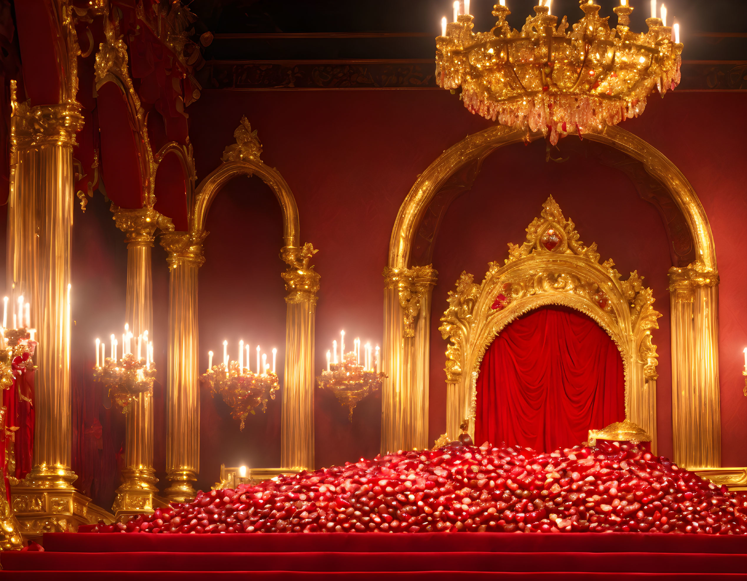 Luxurious Red-themed Room with Grand Chandelier and Golden Arches