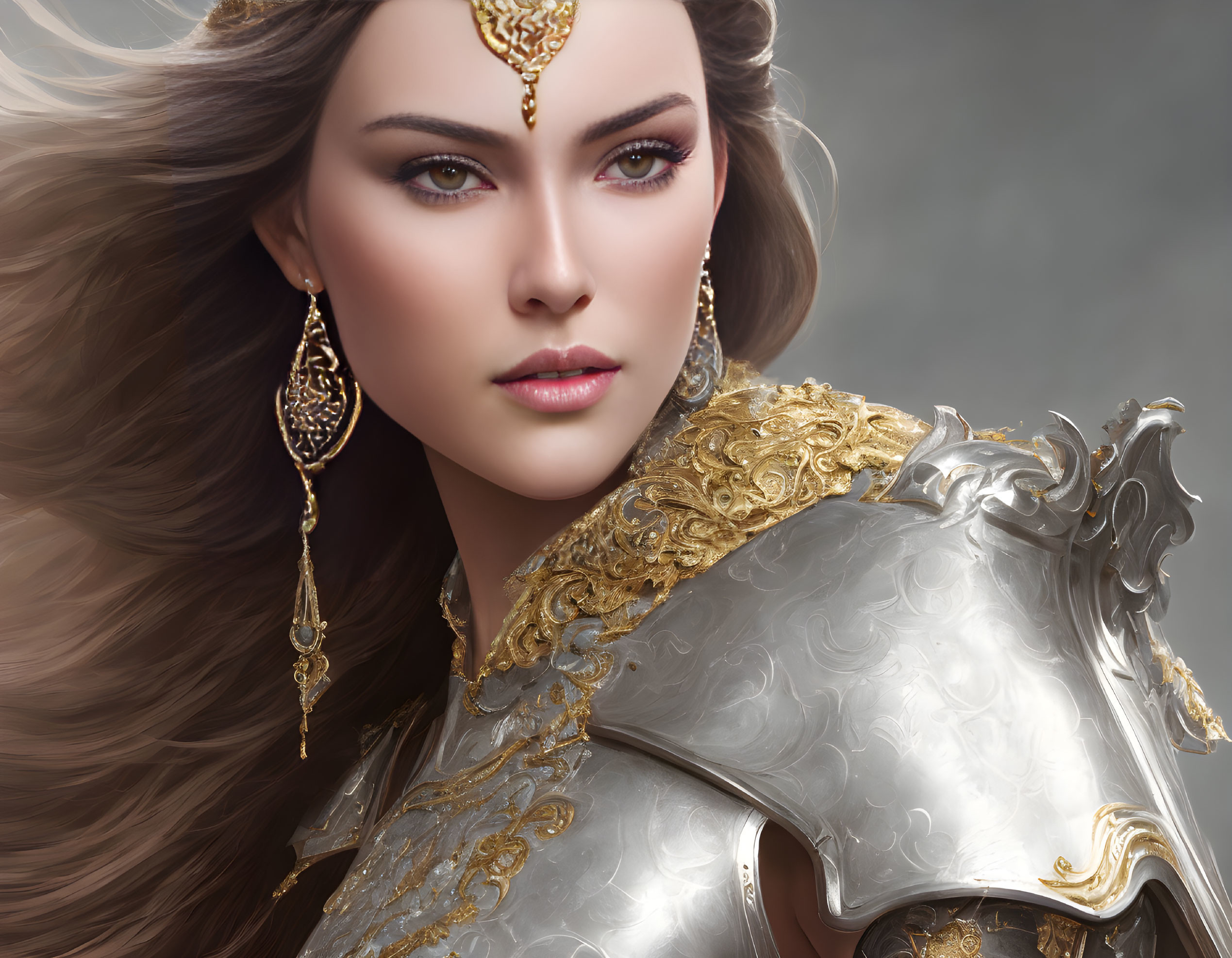 Digital artwork of a regal woman in ornate armor and gold jewelry.