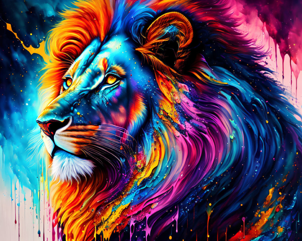 Colorful Lion Artwork with Vibrant Mane and Abstract Background