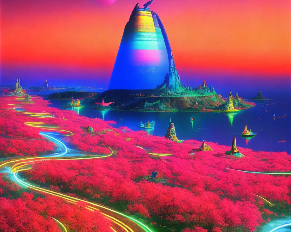 Colorful fantasy landscape with neon-blue pyramid, pink roads, and large moon in gradient sunset sky