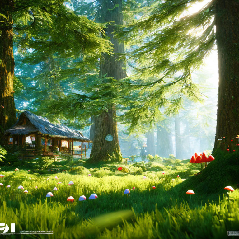 Tranquil forest scene with sunlight, cabin, and colorful mushrooms