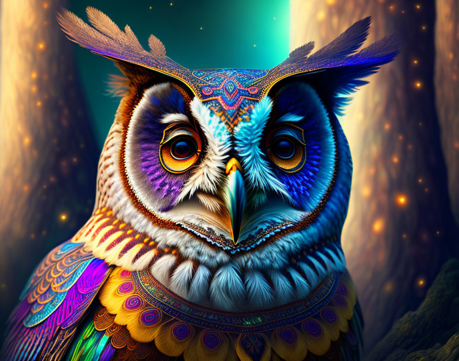 Colorful Owl Artwork in Mystical Forest Scene