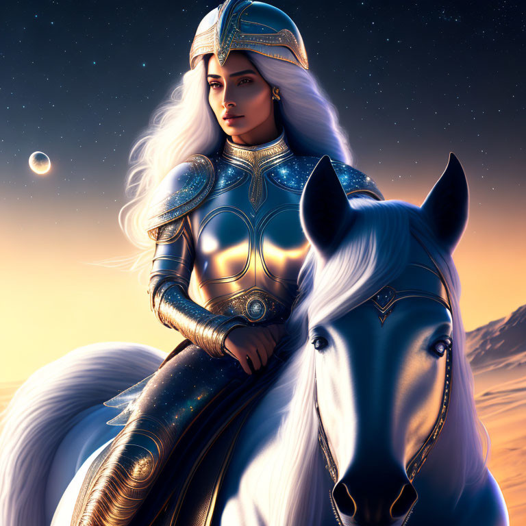 Warrior woman in fantasy armor riding a horse under twilight sky