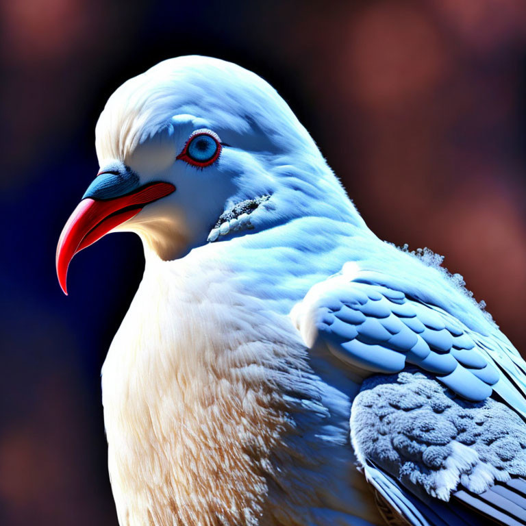Close-up of White Bird with Blue Eyes and Red Beak on Blurred Background
