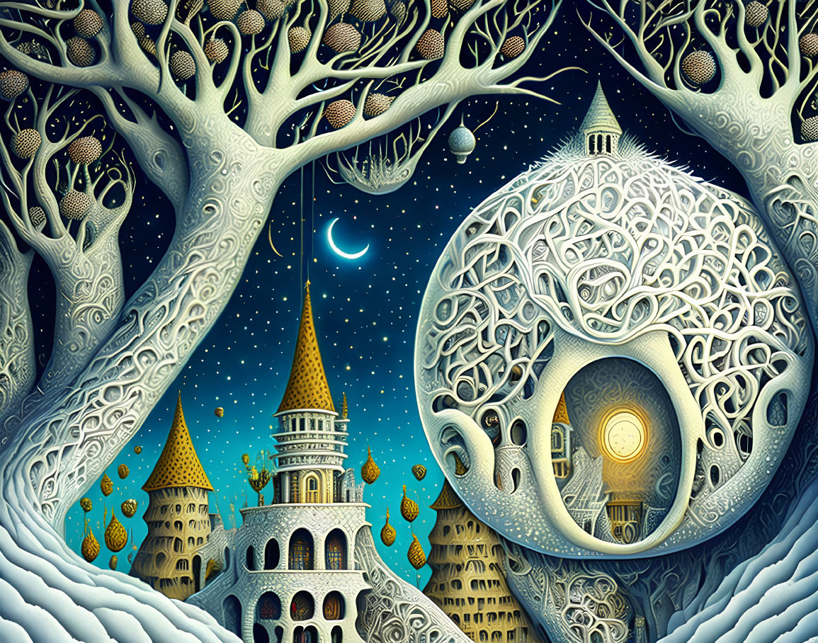 Detailed Fantasy Landscape with Ornate Trees, Crescent Moon, and Whimsical Buildings