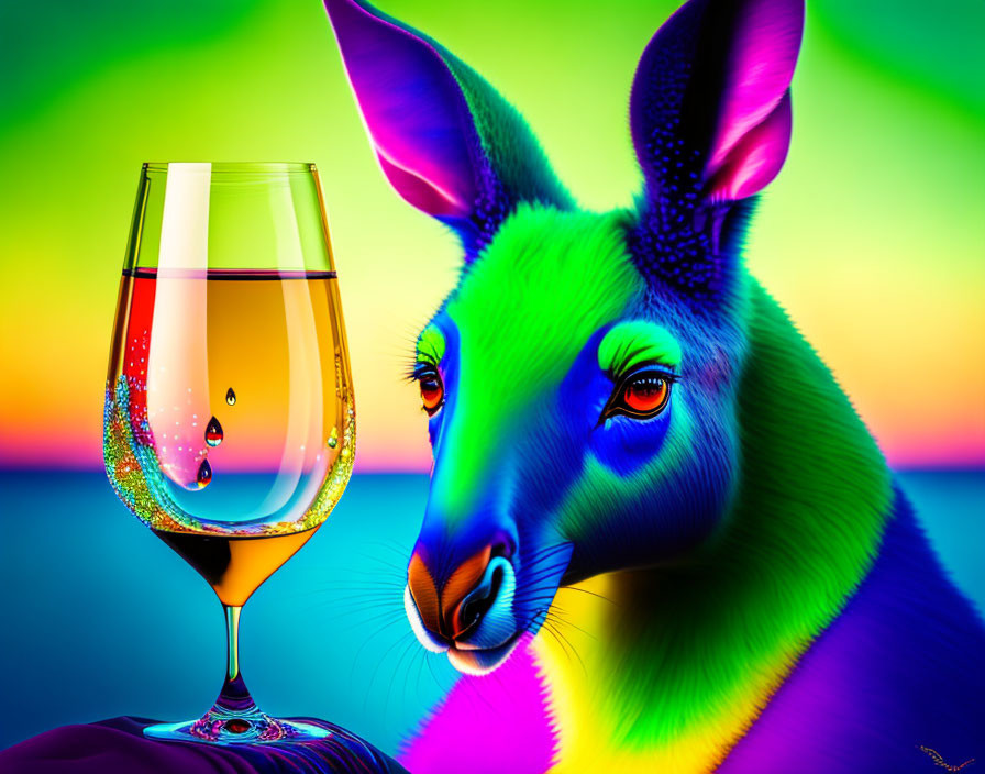 Vibrant Kangaroo Artwork with Wine Glass on Rainbow Background