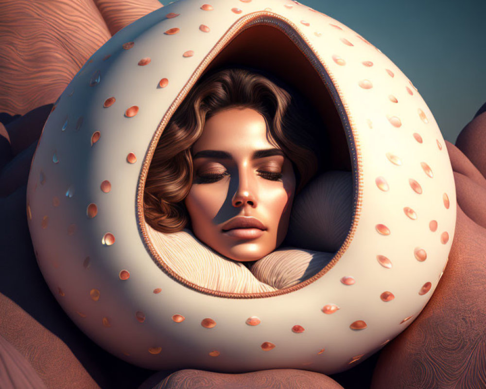 Surreal woman's face in egg-shaped structure against textured landscape