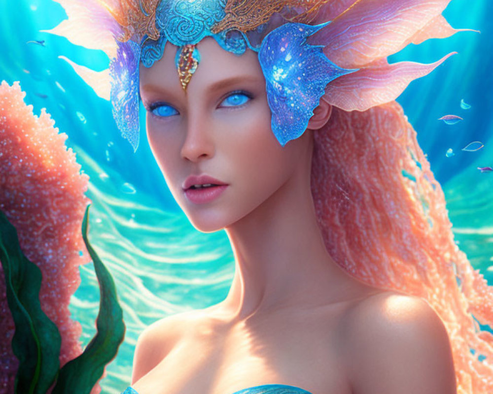 Blue-skinned mermaid-like creature with coral elements in underwater scene