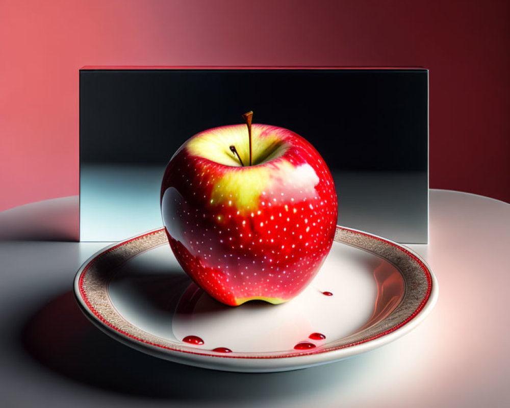 Shiny red apple with water droplets on ornate plate in front of red background