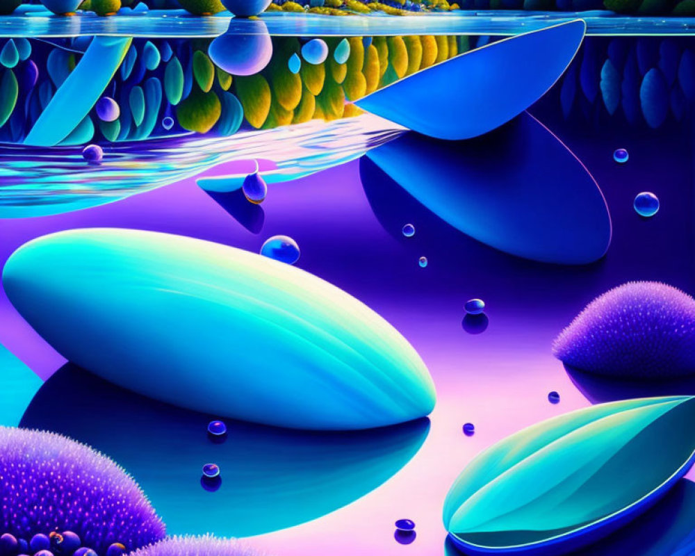 Vivid surreal landscape with reflective surfaces by tranquil water
