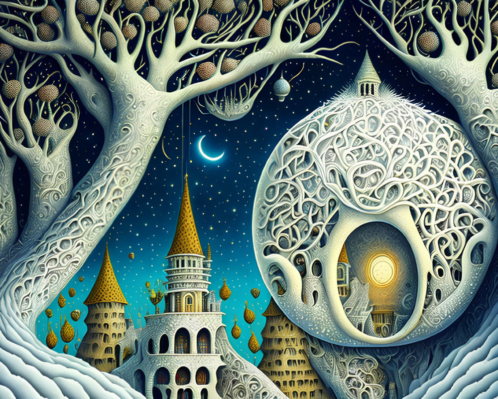 Detailed Fantasy Landscape with Ornate Trees, Crescent Moon, and Whimsical Buildings
