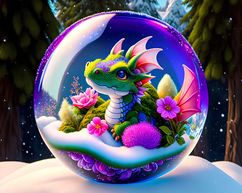 Colorful Dragon Snow Globe with Pink Flowers and Snowy Landscape