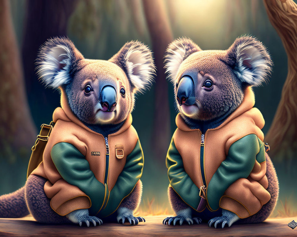Illustrated koalas in stylish jackets sitting in forest setting