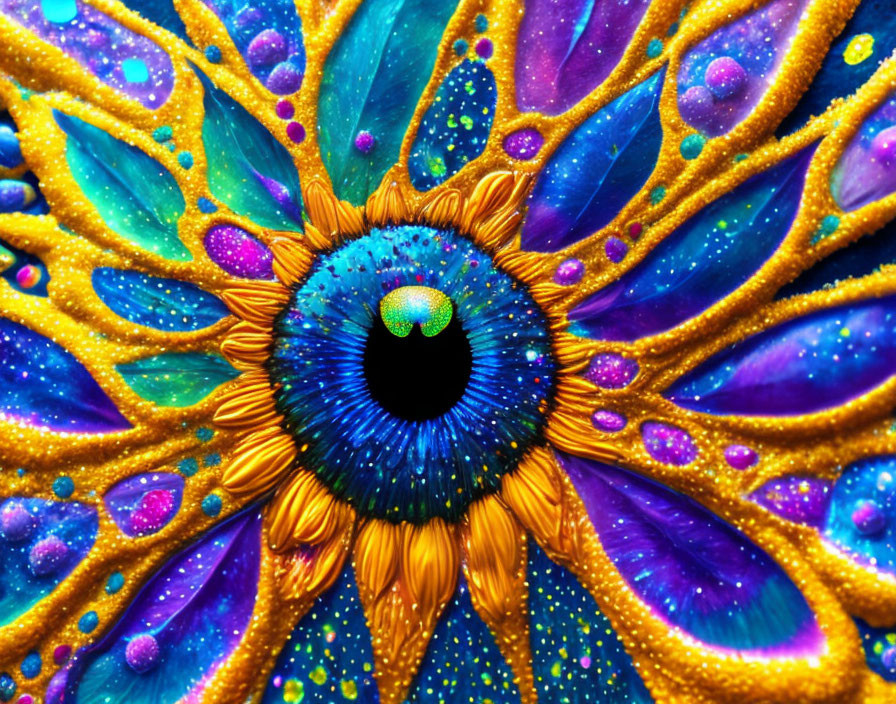 Colorful Mandala with Blue Center and Petals in Blue, Purple, Yellow, and Orange