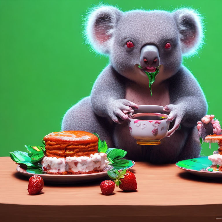 Whimsical koala with teacup and cakes on green background