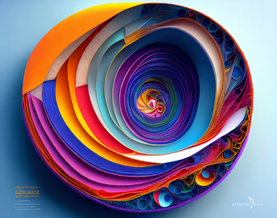 Vibrant paper art spiral pattern with layers and shades on blue background