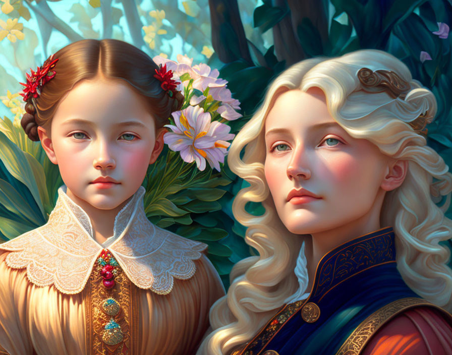 Vibrant digital painting of two stylized female figures in ornate clothing
