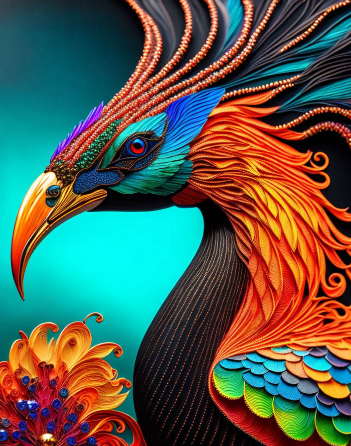 Colorful digital artwork: Bird with intricate feathers and fiery tail