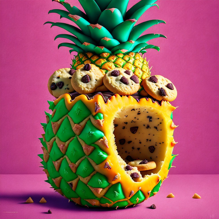 Pineapple transformed into a cookie jar with stacked cookies and cookie dough inside