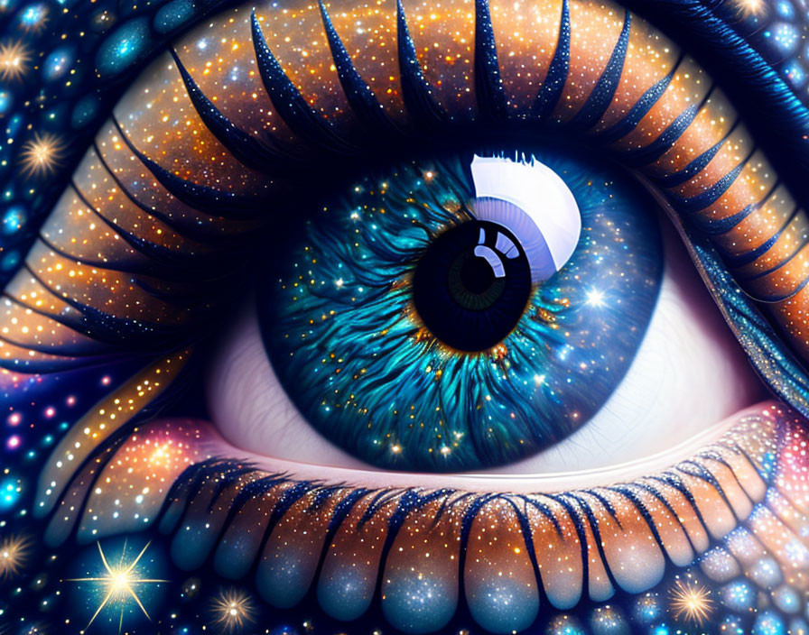 Digital artwork featuring human eye with galaxy-themed iris and cosmic patterns