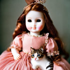 Porcelain doll in pink dress holding brown and white kitten