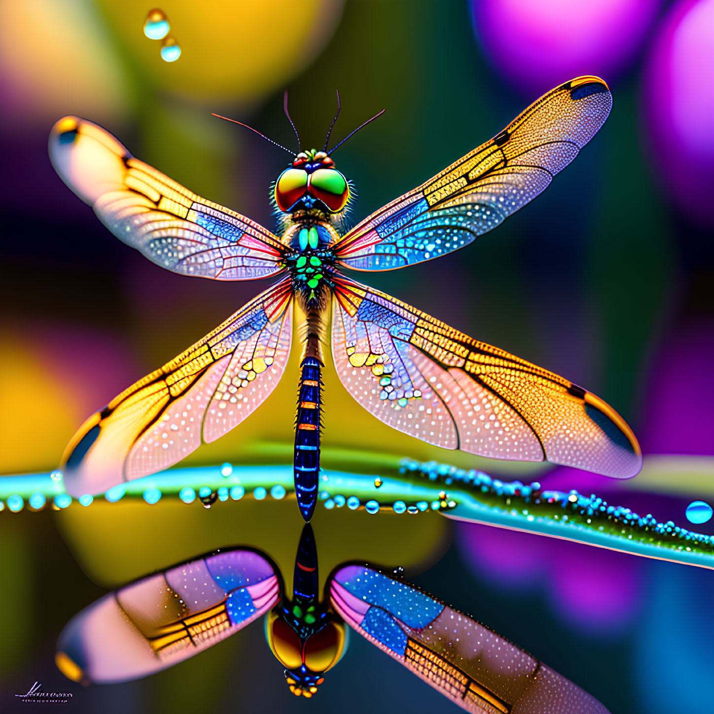 Colorful Dragonfly Resting on Branch Reflected in Water