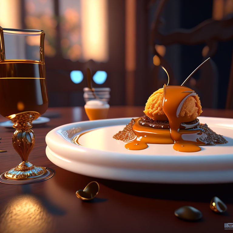 Sweet ice cream with caramel sauce and a drink on a plate in cozy evening setting