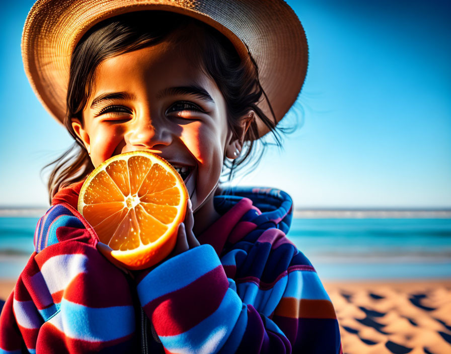 Smiling child in striped hoodie with orange slice on sunny beach