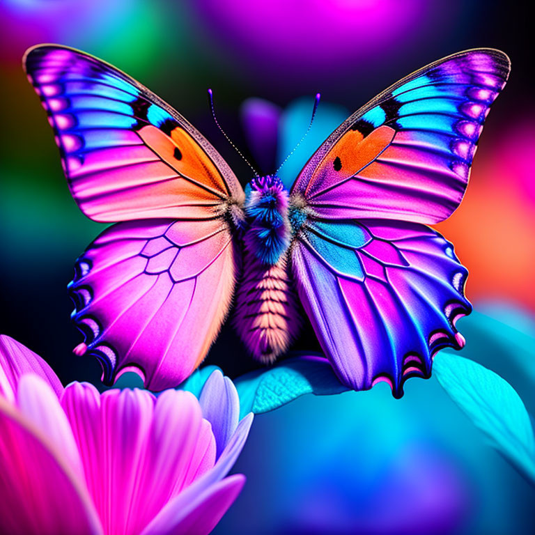 Colorful Butterfly Spread Wings on Pink and Blue Flowers