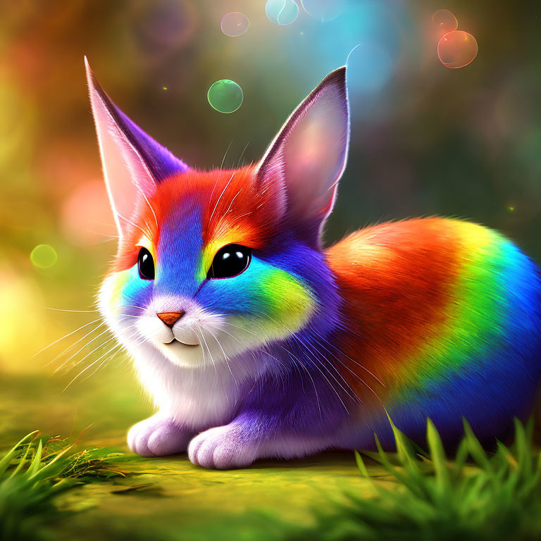 Multicolored rainbow fur rabbit in sunlit meadow