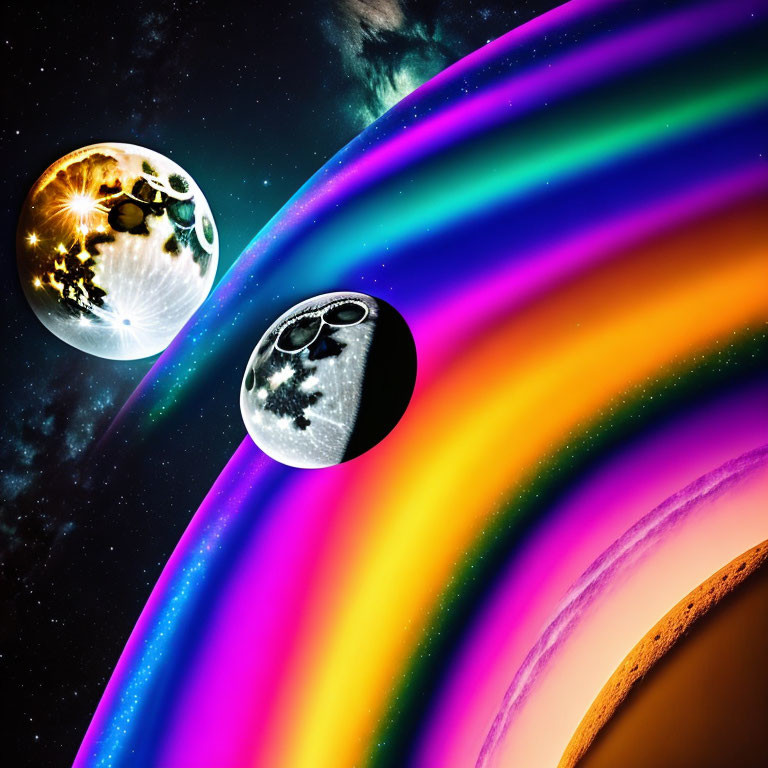 Colorful digital artwork featuring contrasting planets and cosmic wave.