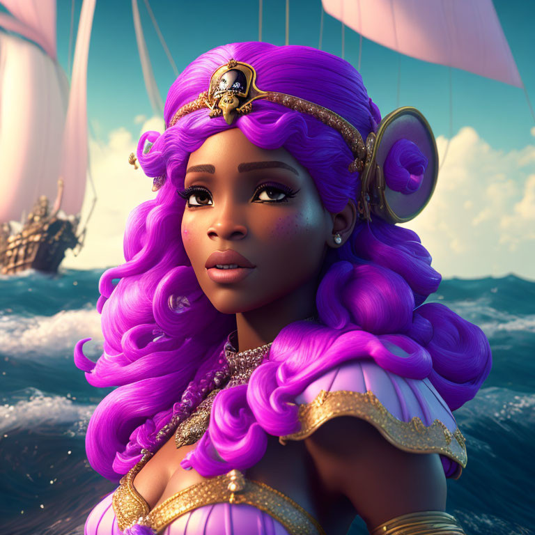 Digital artwork of female character with purple hair and elf-like ears in pirate attire on sailboat backdrop.