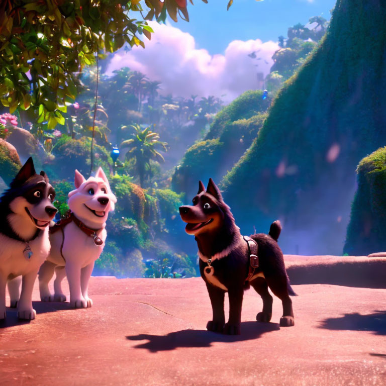 Three animated husky dogs on sunny ledge with greenery and clouds.