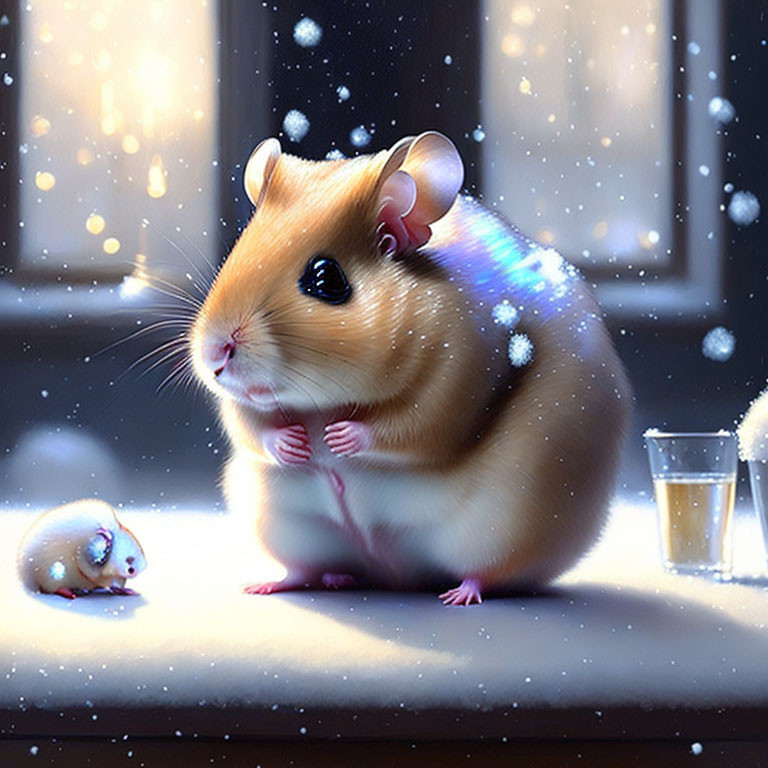 Illustrated hamster and snowman with beverage on snowy surface.