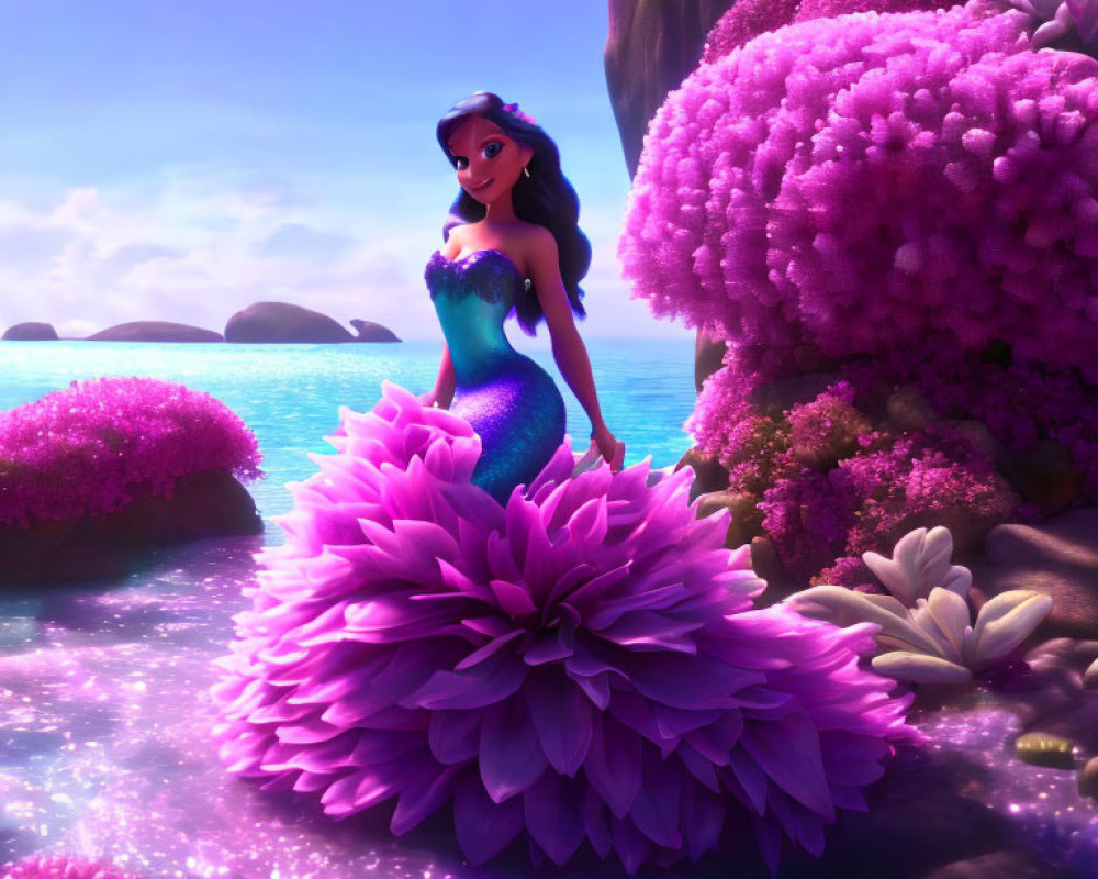 Purple-haired mermaid on pink flower in vibrant underwater scene
