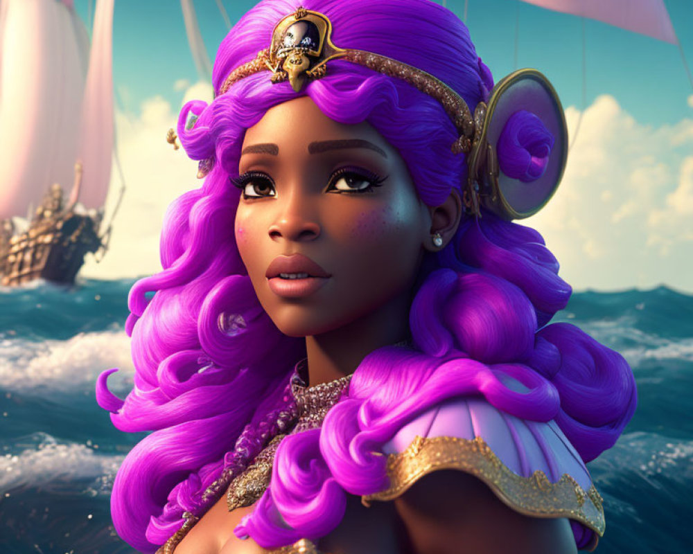 Digital artwork of female character with purple hair and elf-like ears in pirate attire on sailboat backdrop.