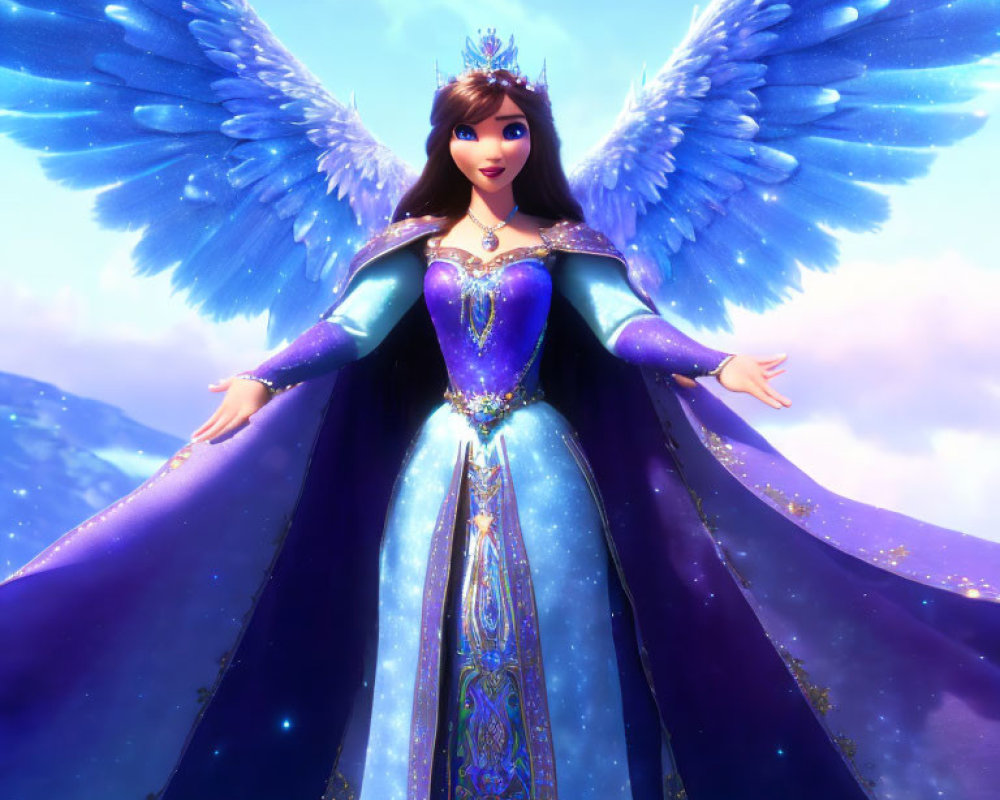 Radiant blue-winged character in purple dress with crown on mountainous backdrop