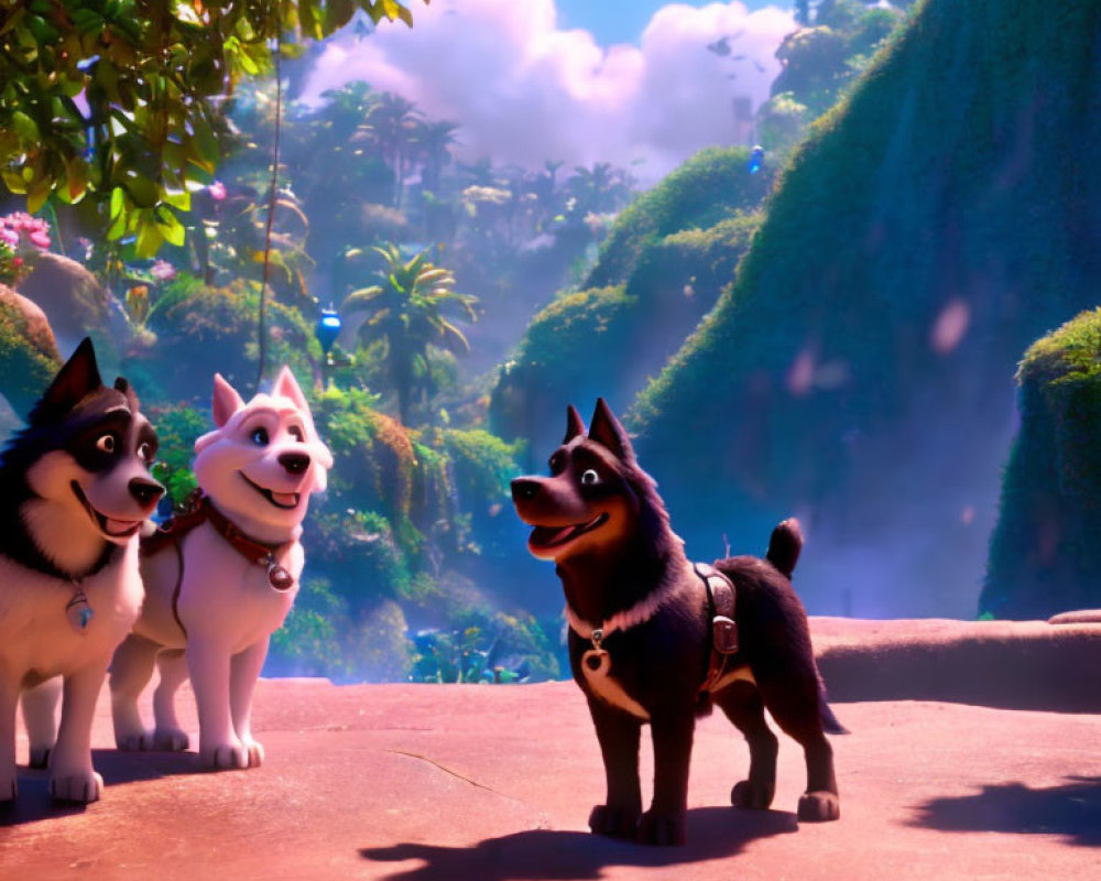 Three animated husky dogs on sunny ledge with greenery and clouds.
