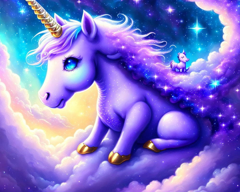 Purple unicorn with golden horn and hooves on clouds in starry sky.