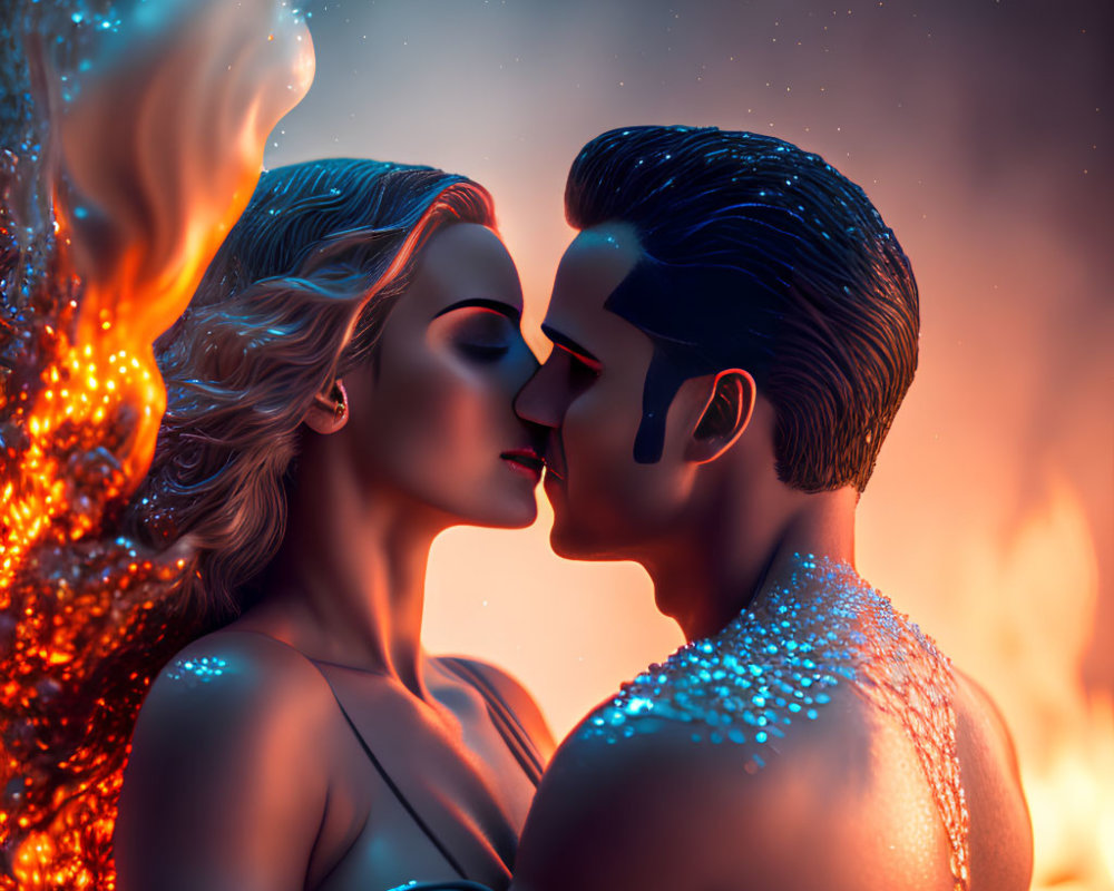 Stylized image of a couple with fiery and starry elements