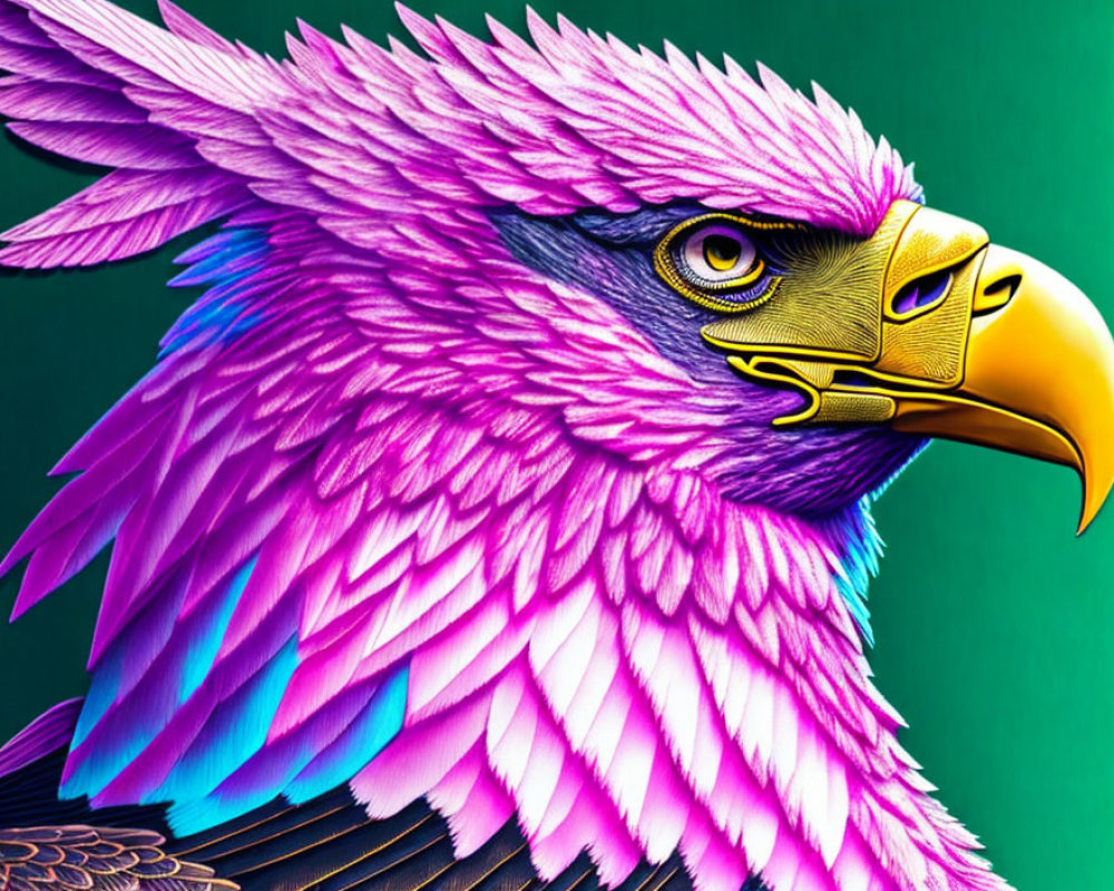 Colorful Eagle Illustration with Pink and Purple Feathers on Green Background