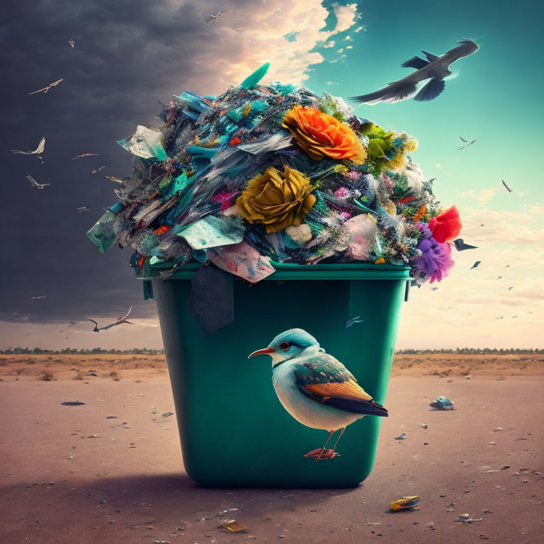 Colorful trash overflowing in green bin on desert landscape with birds flying around.