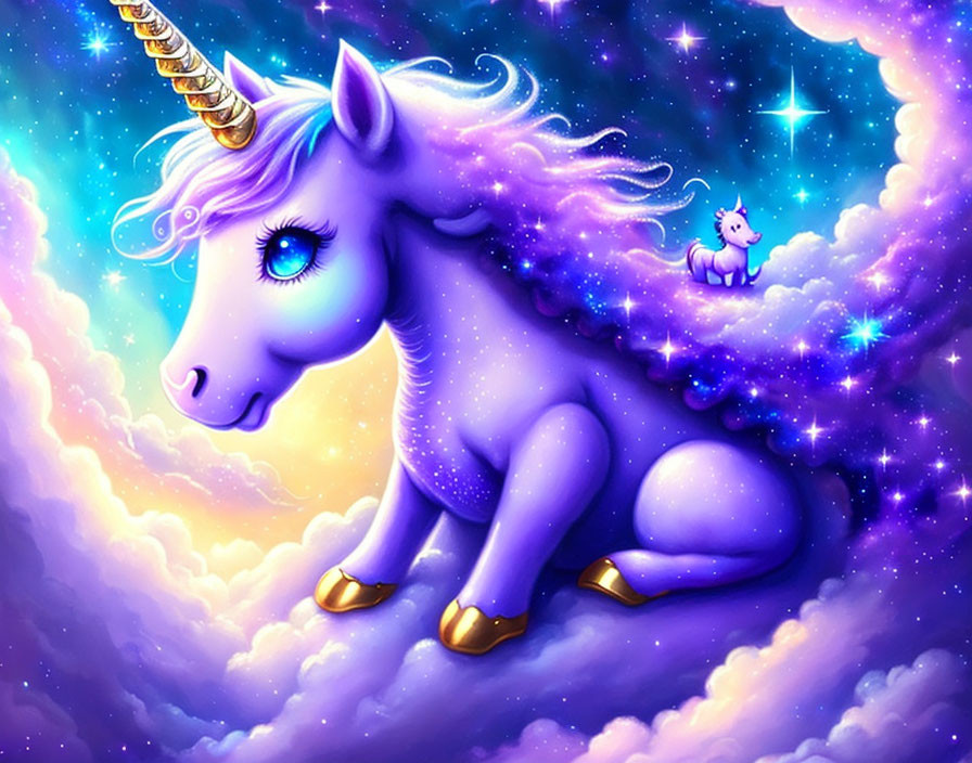 Purple unicorn with golden horn and hooves on clouds in starry sky.