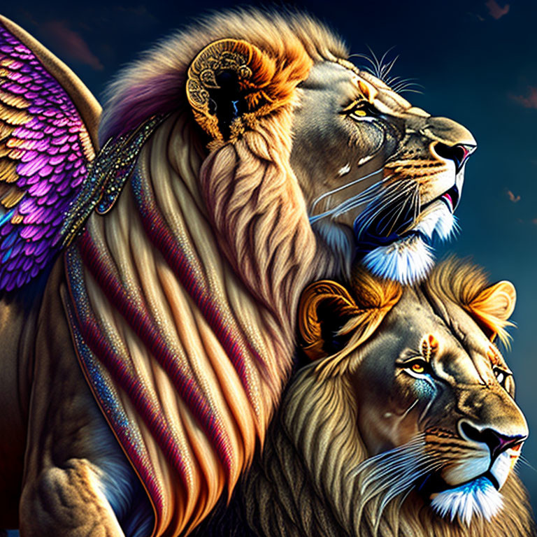 Colorful Winged Lions with Ornate Decorations on Starry Night Sky